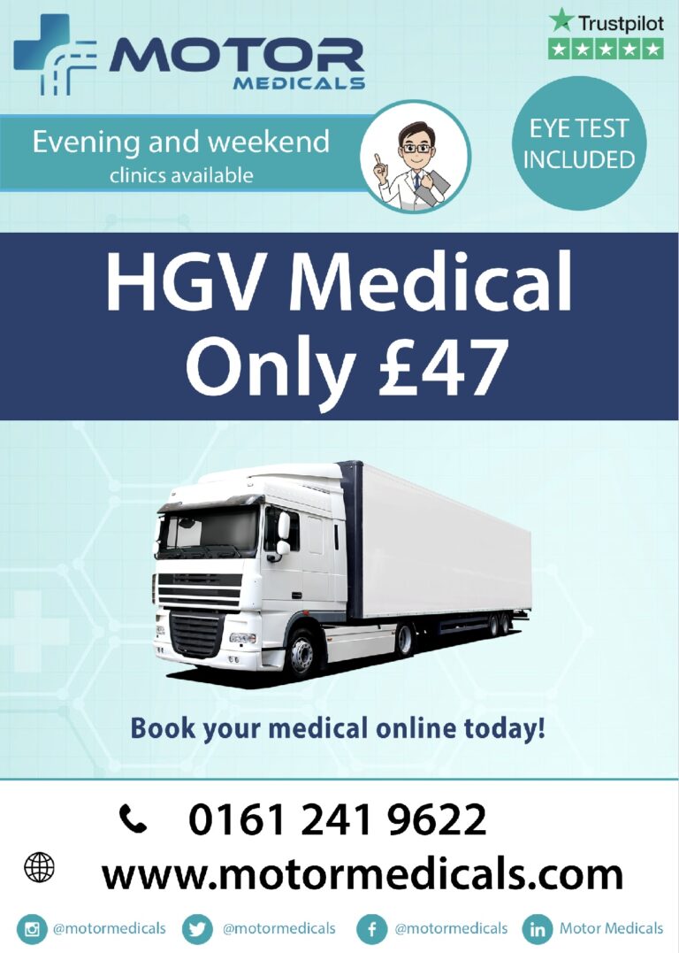An HGV/D4 medical service leaflet featuring nationwide clinics, charging £47, and boasting over 1500 5-star reviews